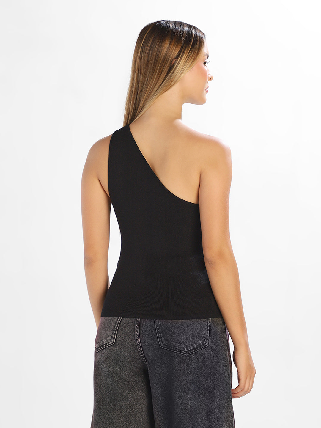 Black One Shoulder Ribbed Top