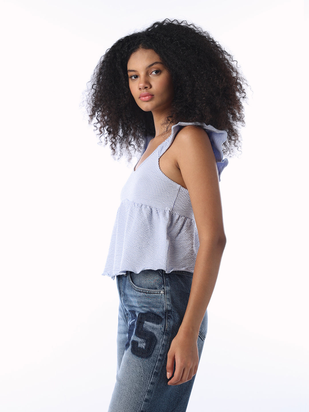 Blue Seersucker Peplum Top