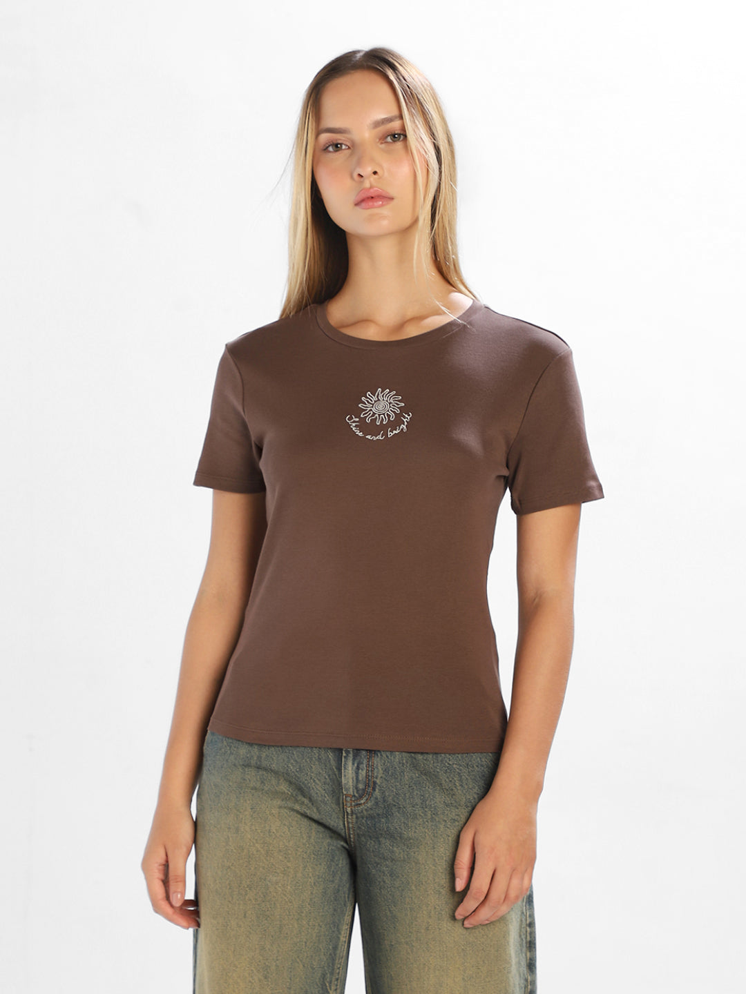 Brown Embroidered O-Neck T-shirt