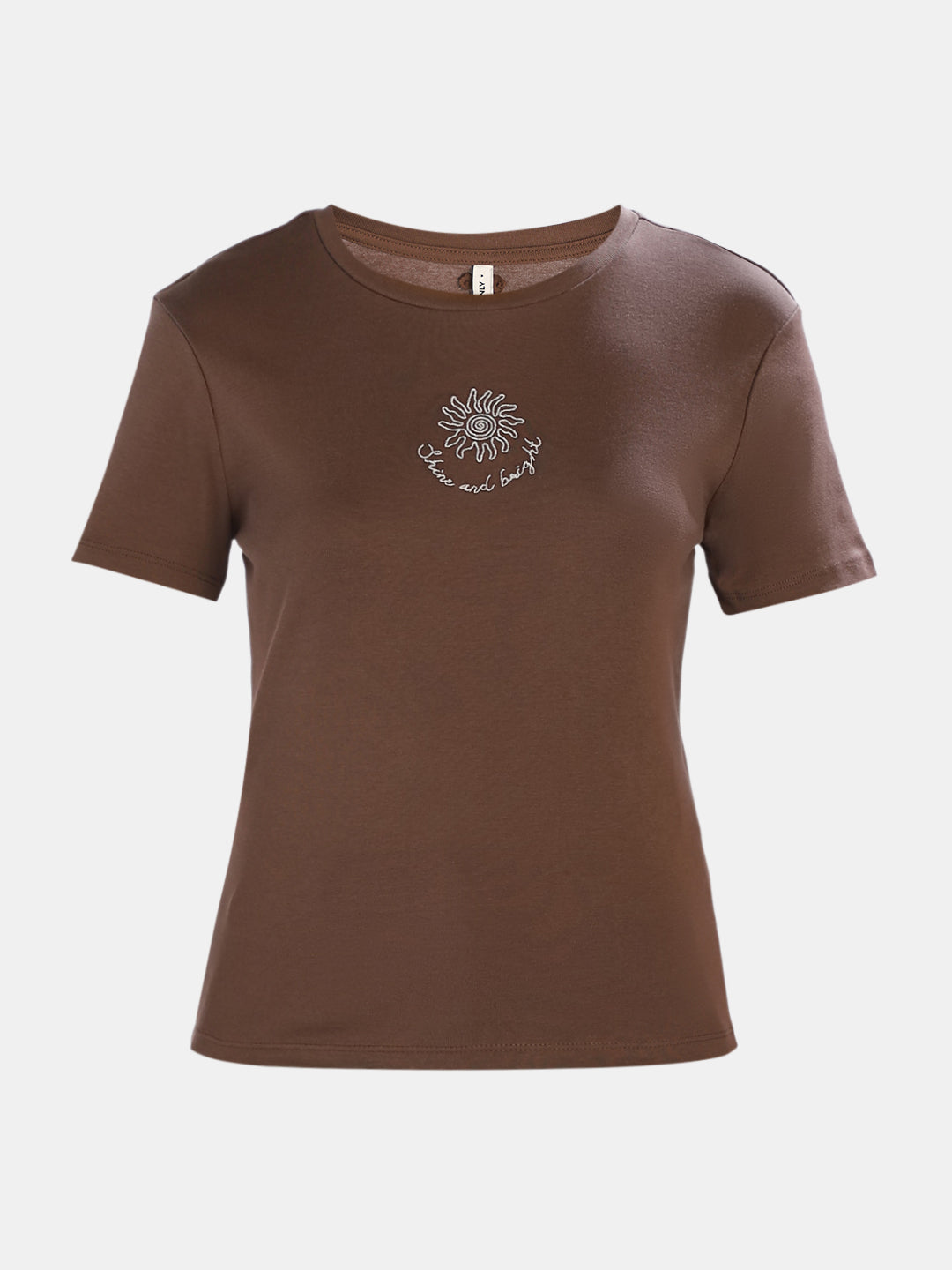 Brown Embroidered O-Neck T-shirt