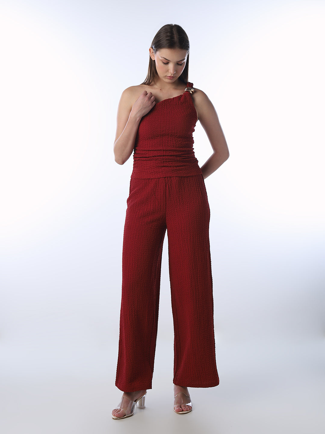 Red Crinkle Weave One Shoulder Top