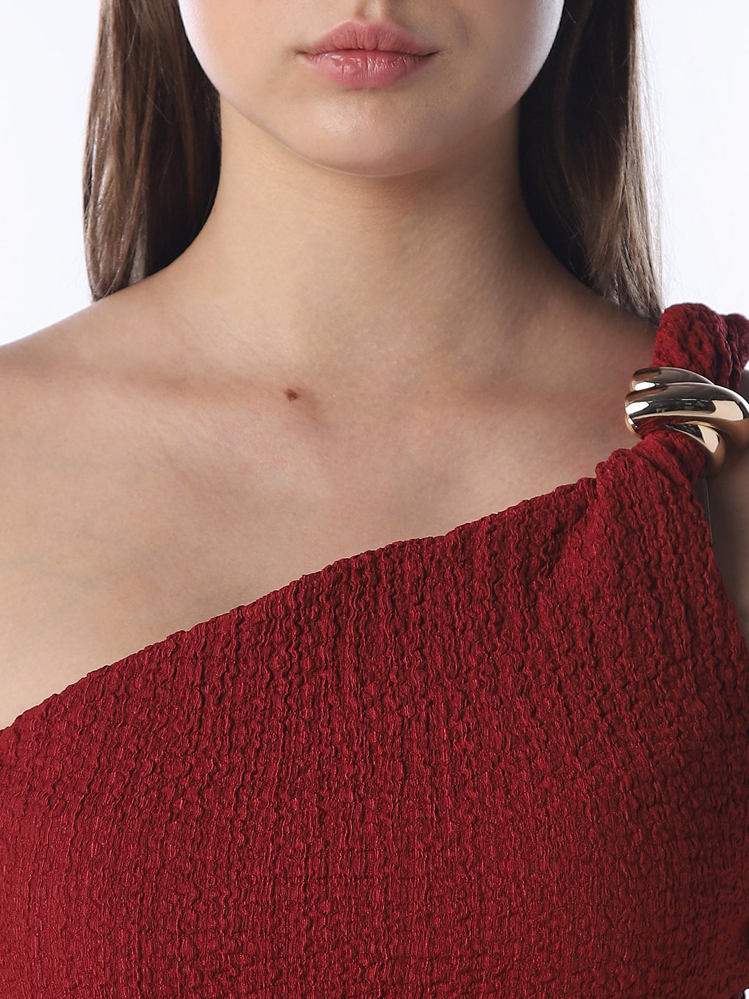 Red Crinkle Weave One Shoulder Top