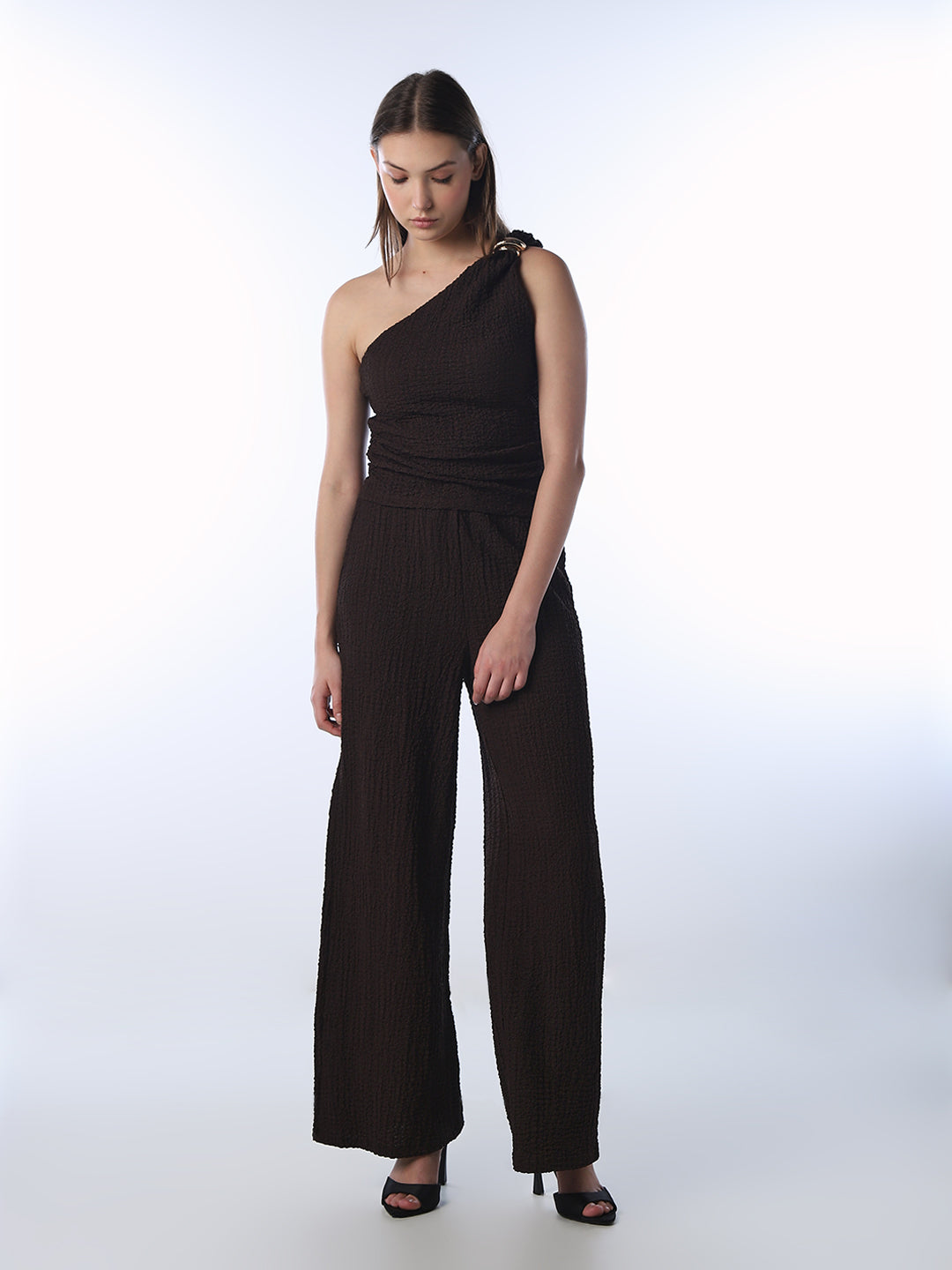 Brown Crinkle Weave One Shoulder Top