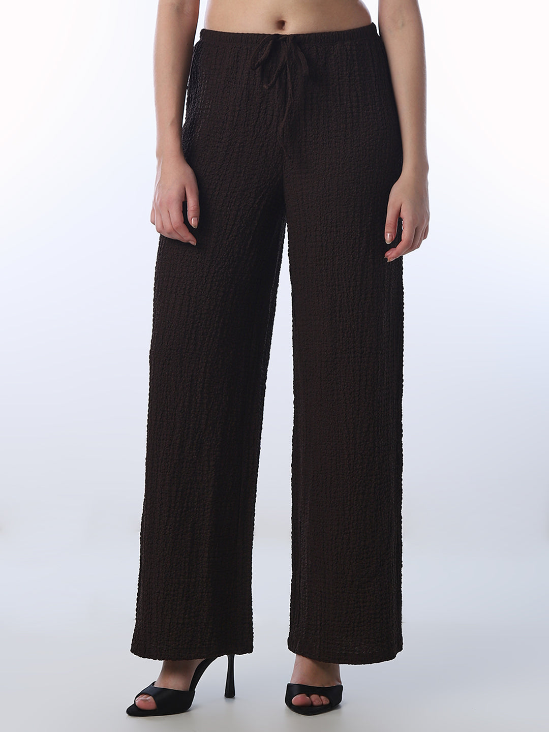 Brown Crinkle Weave Wide Leg Pants