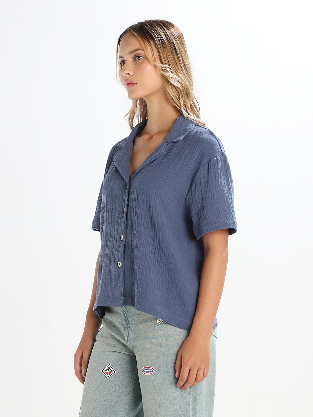 Blue Jacquard Loose Fit Shirt