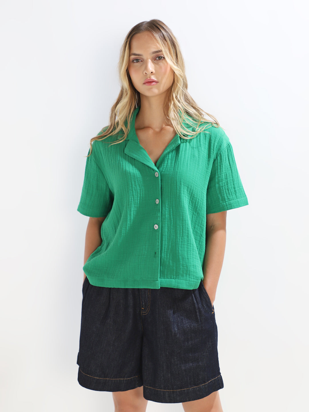 Green Jacquard Loose Fit Shirt