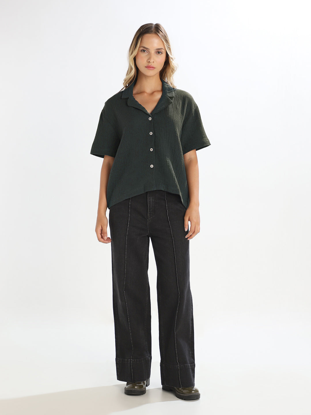 Black Textured Cropped Shirt