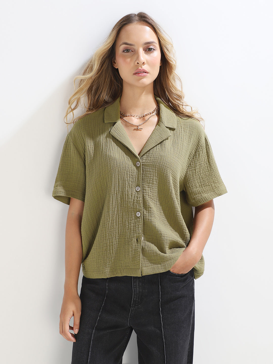 Dark Green Textured Cropped Shirt