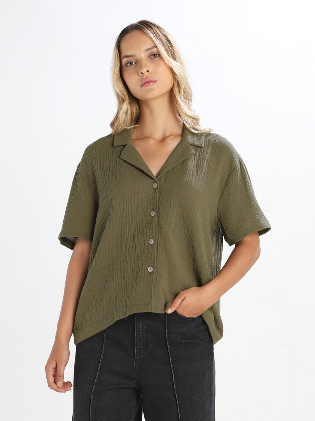 Dark Green Textured Cropped Shirt