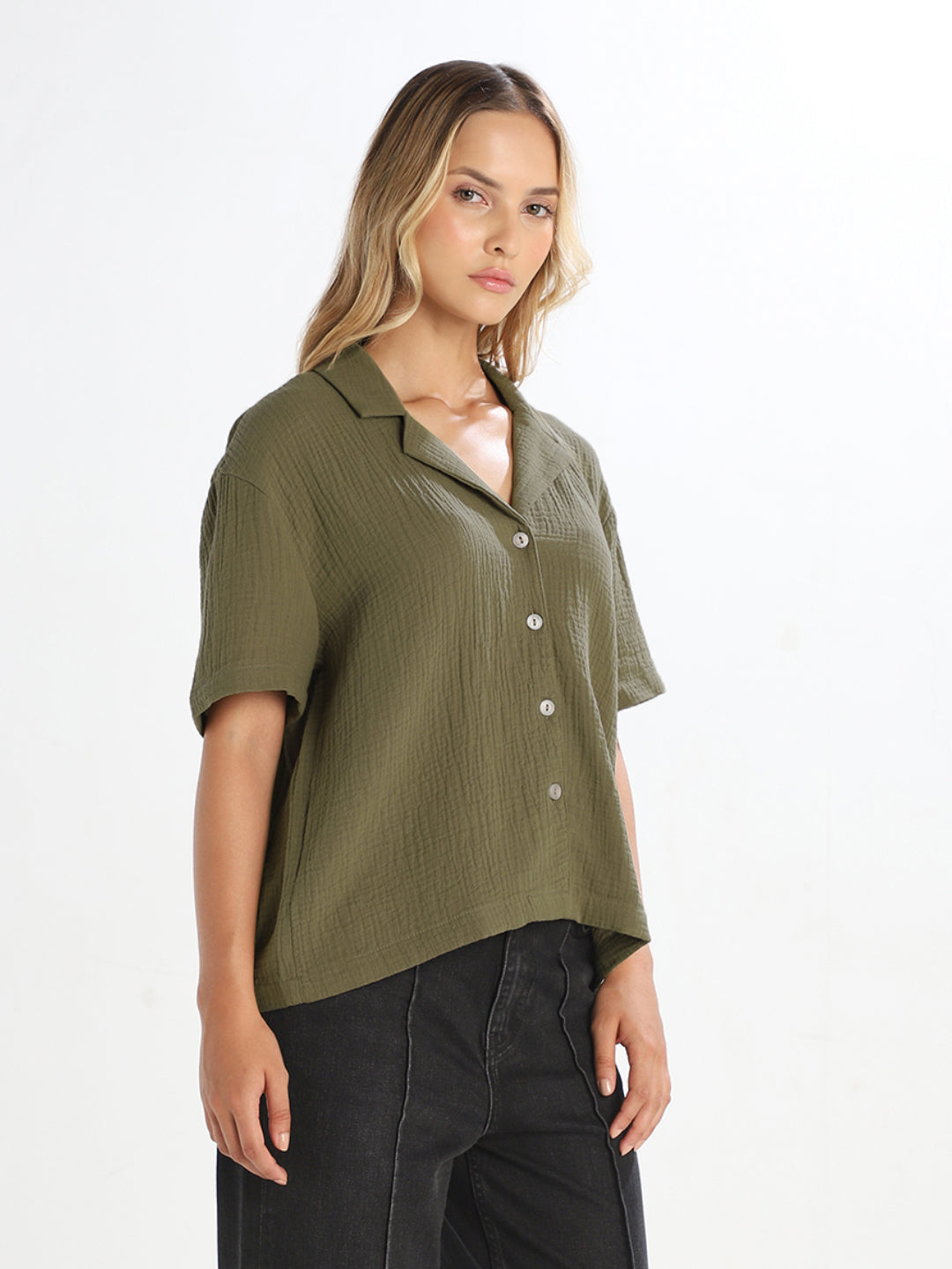 Dark Green Textured Cropped Shirt