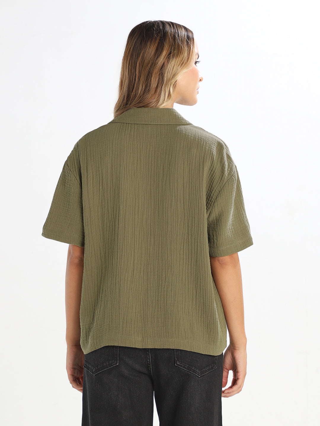 Dark Green Textured Cropped Shirt