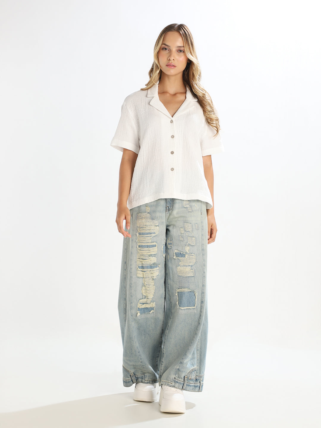 White Textured Cropped Shirt