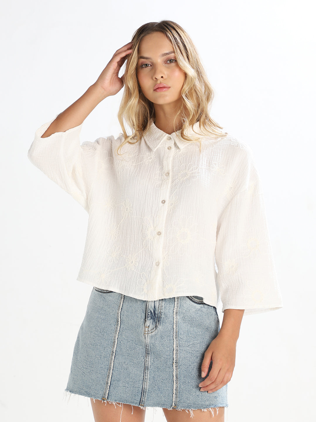White Embroidered Cropped Shirt