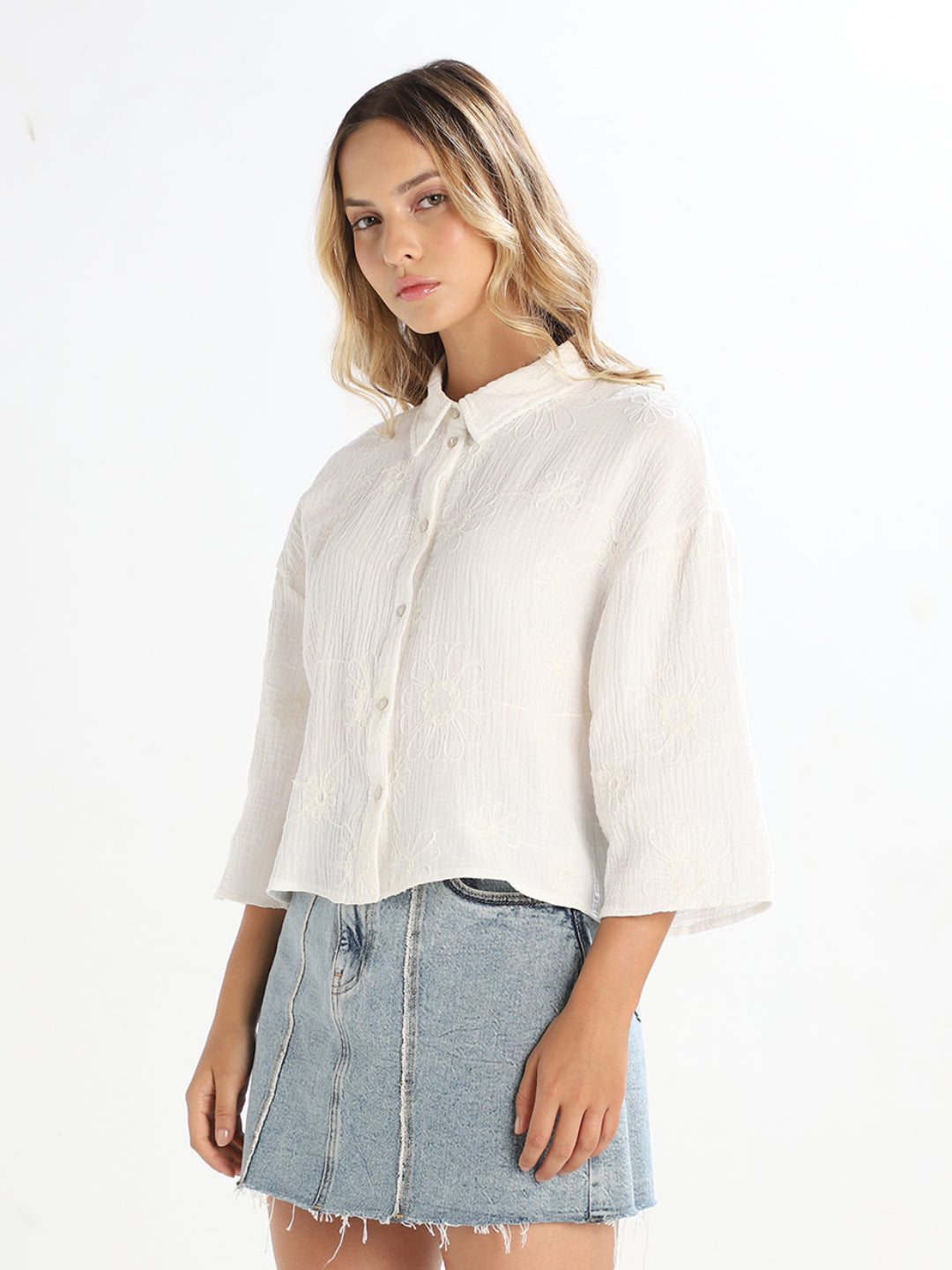 White Embroidered Cropped Shirt