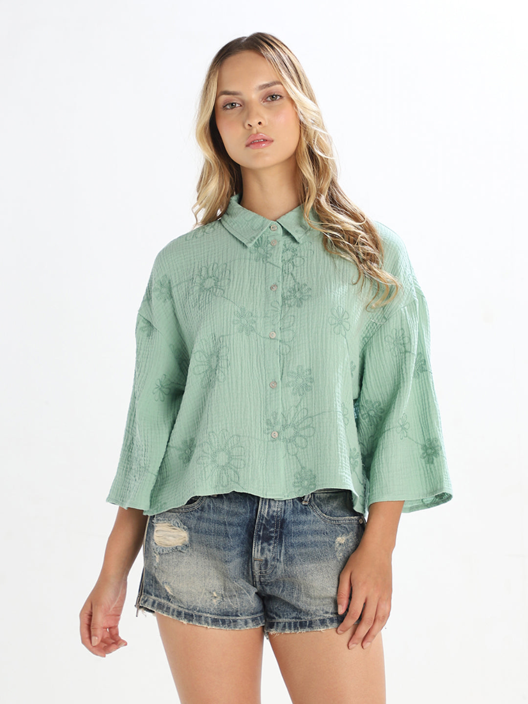 Green Embroidered Cropped Shirt