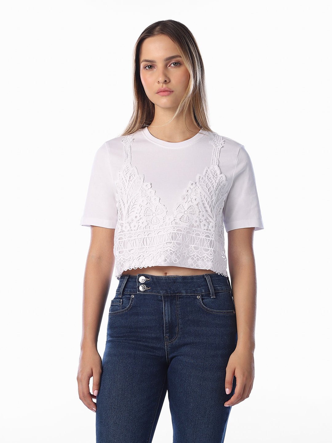 White Lace Detail O-Neck T-shirt