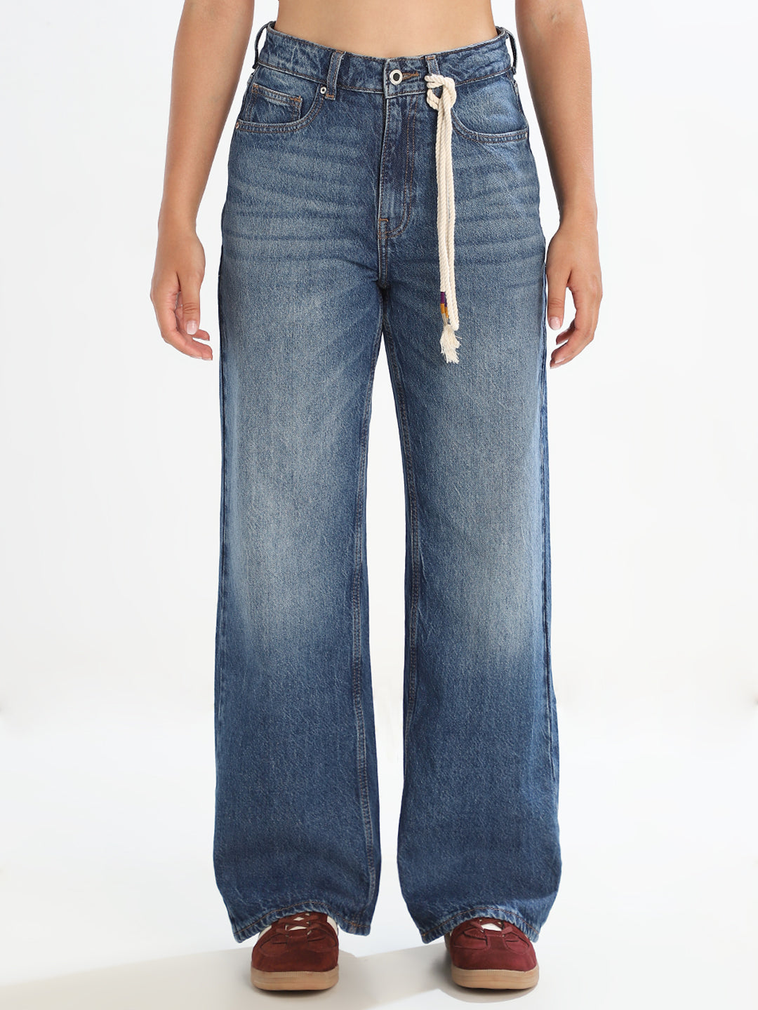 Dark Blue Washed Wide Leg Jeans