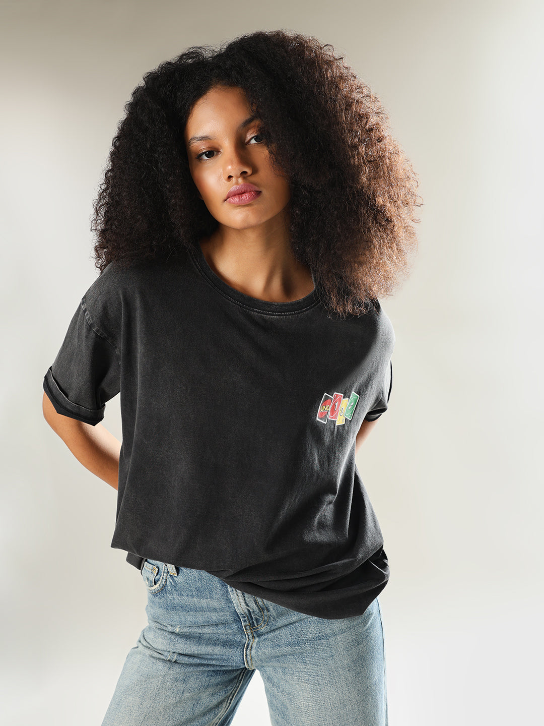 UNO X ONLY Black Printed Oversized T-shirt