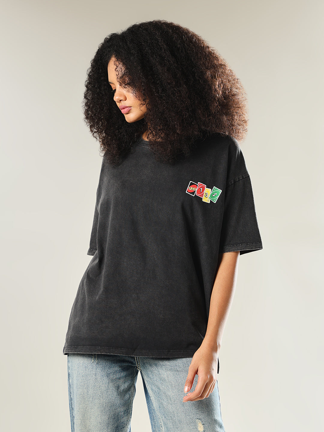 UNO X ONLY Black Printed Oversized T-shirt