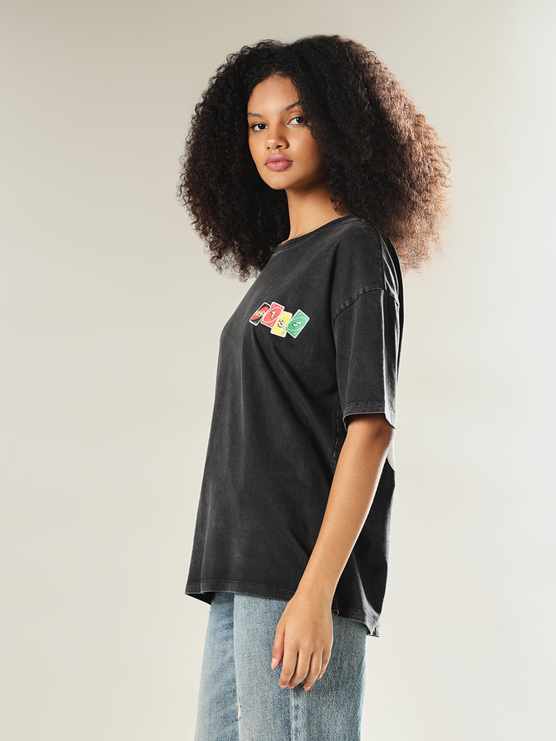 UNO X ONLY Black Printed Oversized T-shirt