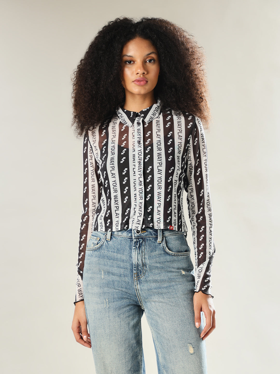 UNO X ONLY Printed Cropped Slim Fit Shirt