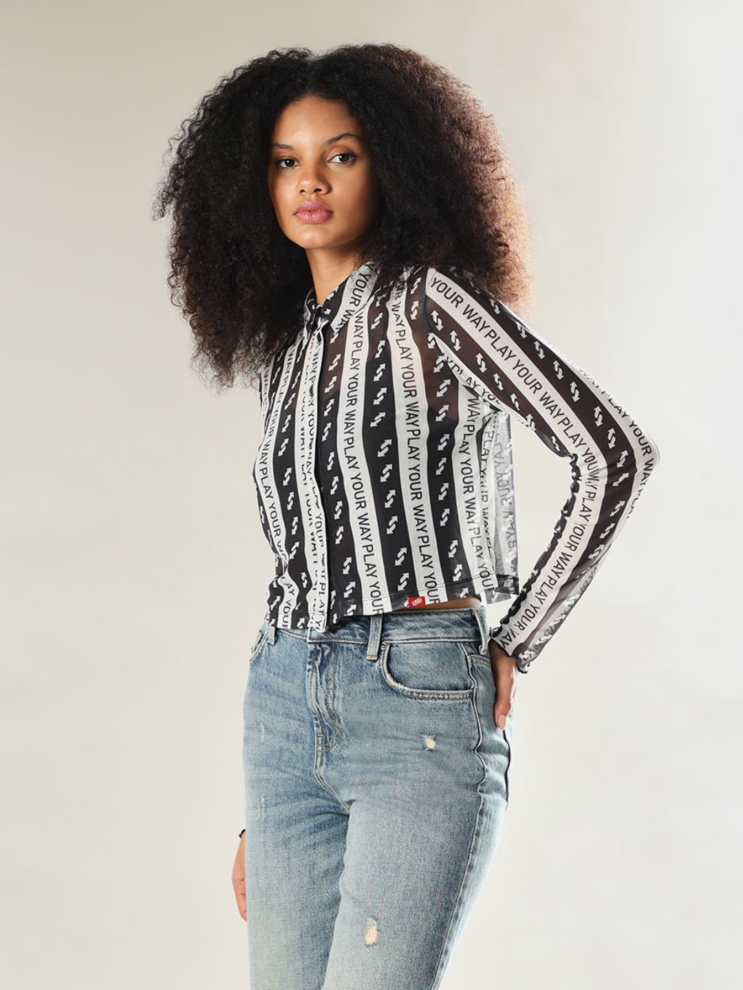 UNO X ONLY Printed Cropped Slim Fit Shirt