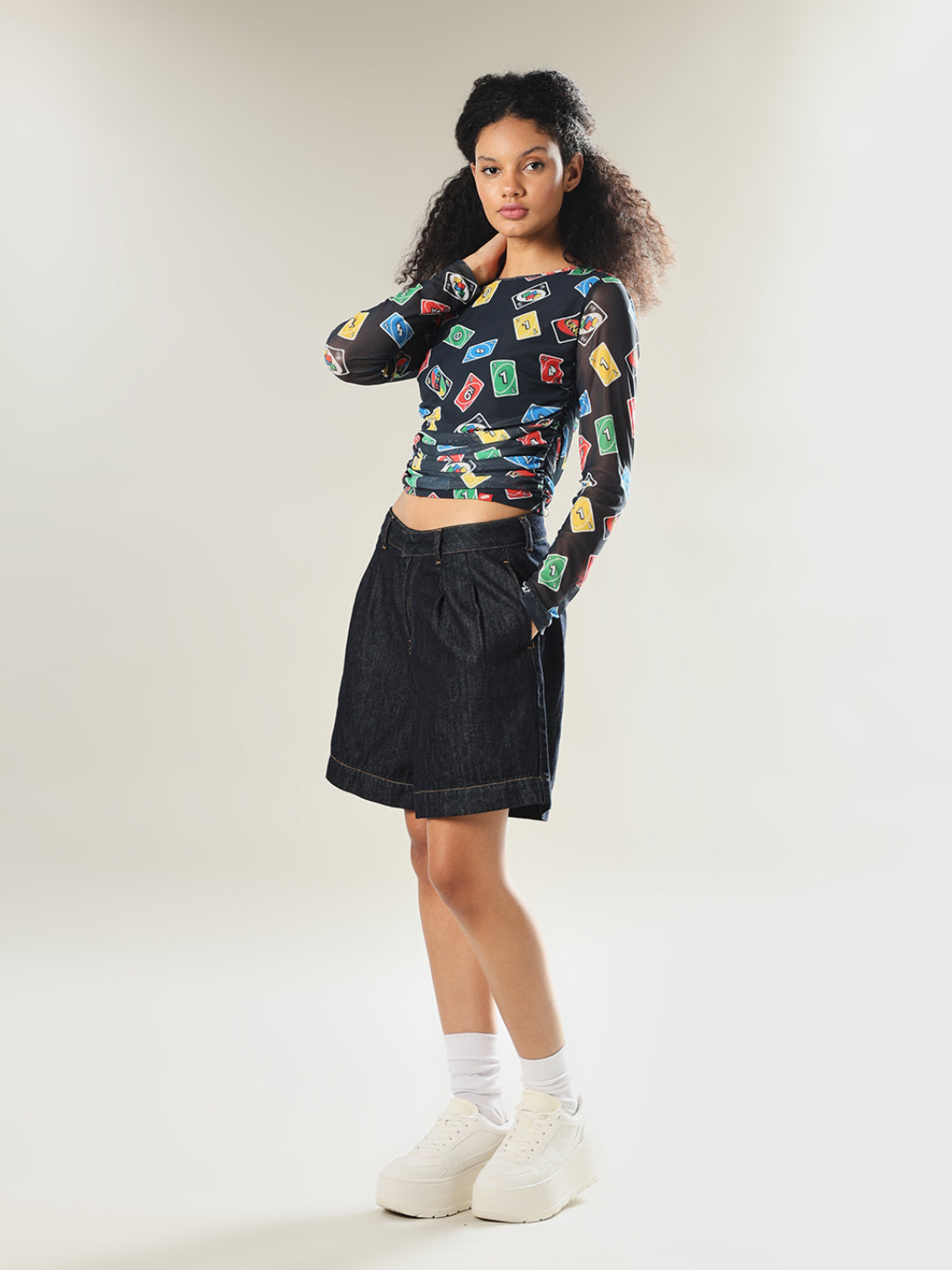 UNO X ONLY Black Printed Mesh Top