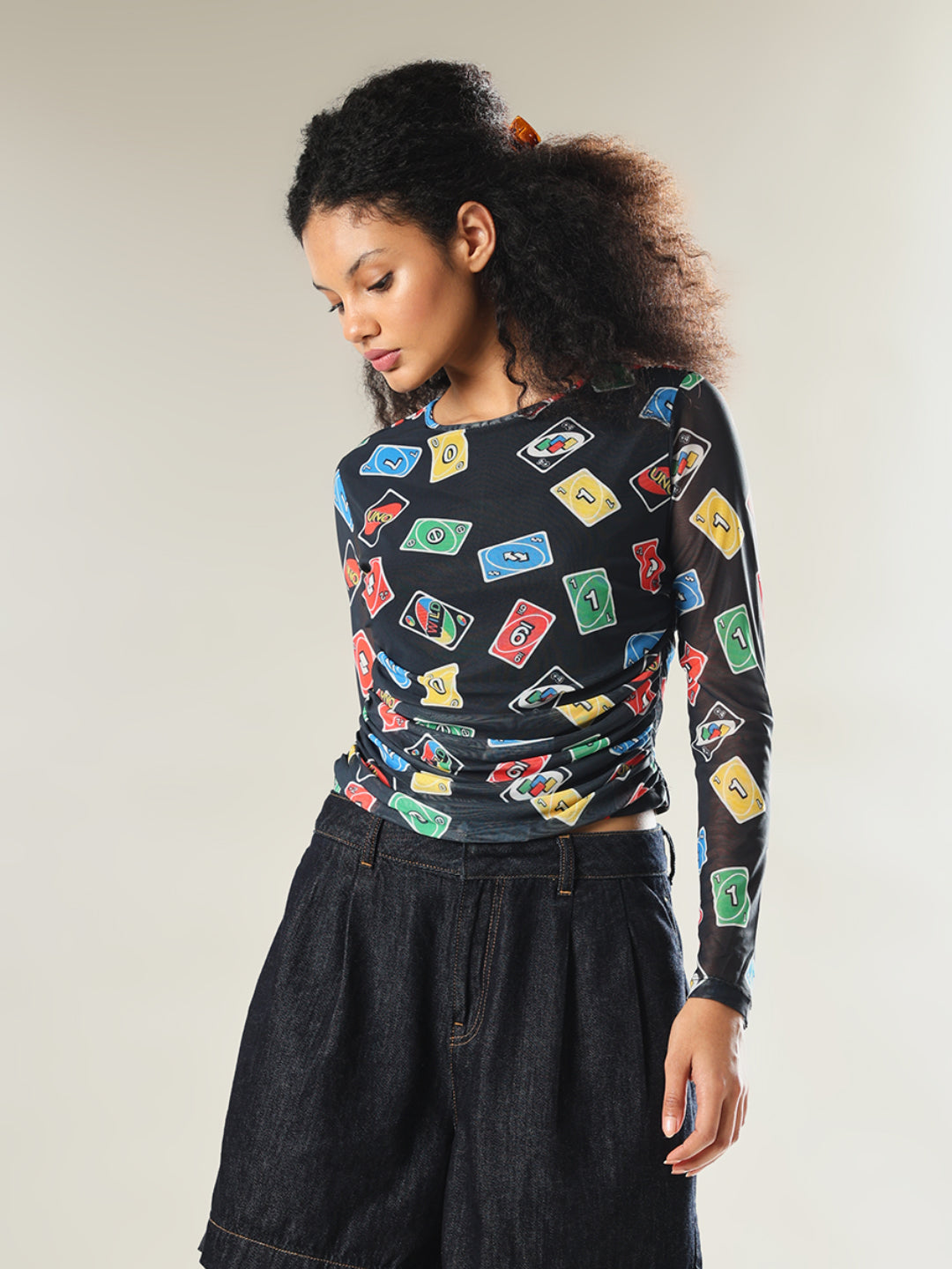 UNO X ONLY Black Printed Mesh Top