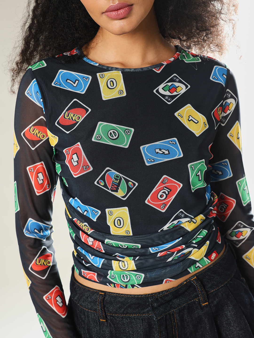 UNO X ONLY Black Printed Mesh Top