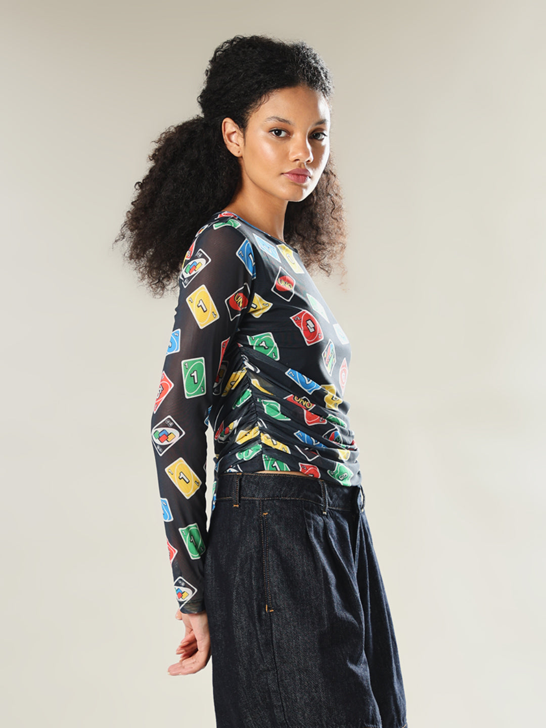 UNO X ONLY Black Printed Mesh Top