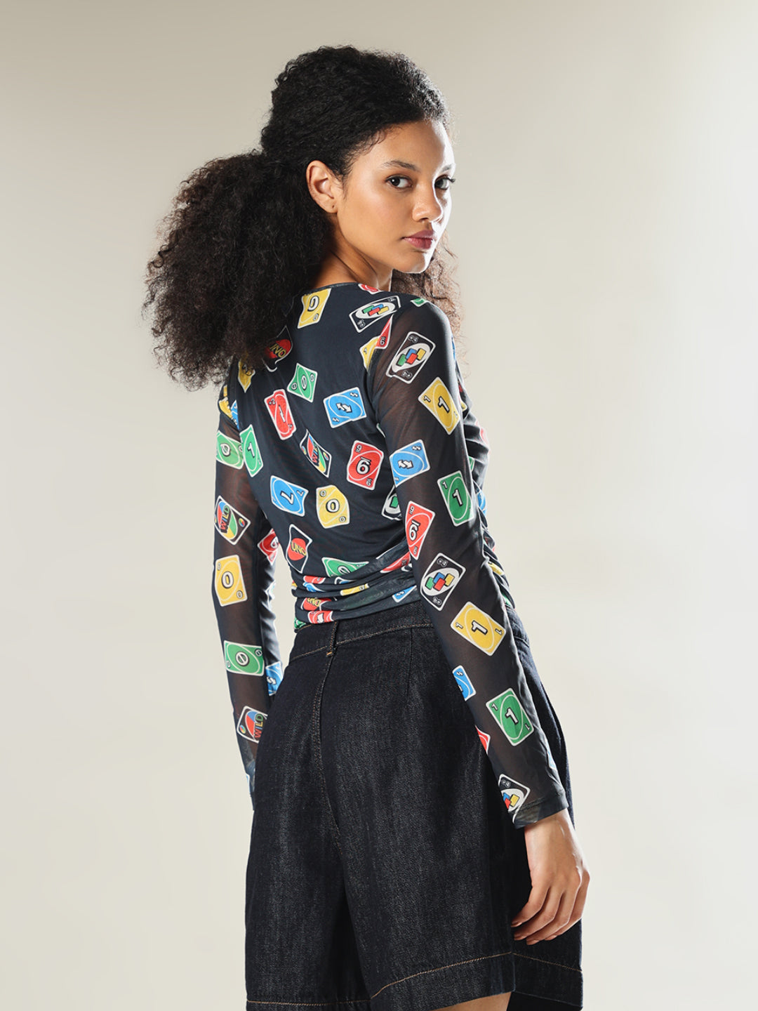 UNO X ONLY Black Printed Mesh Top