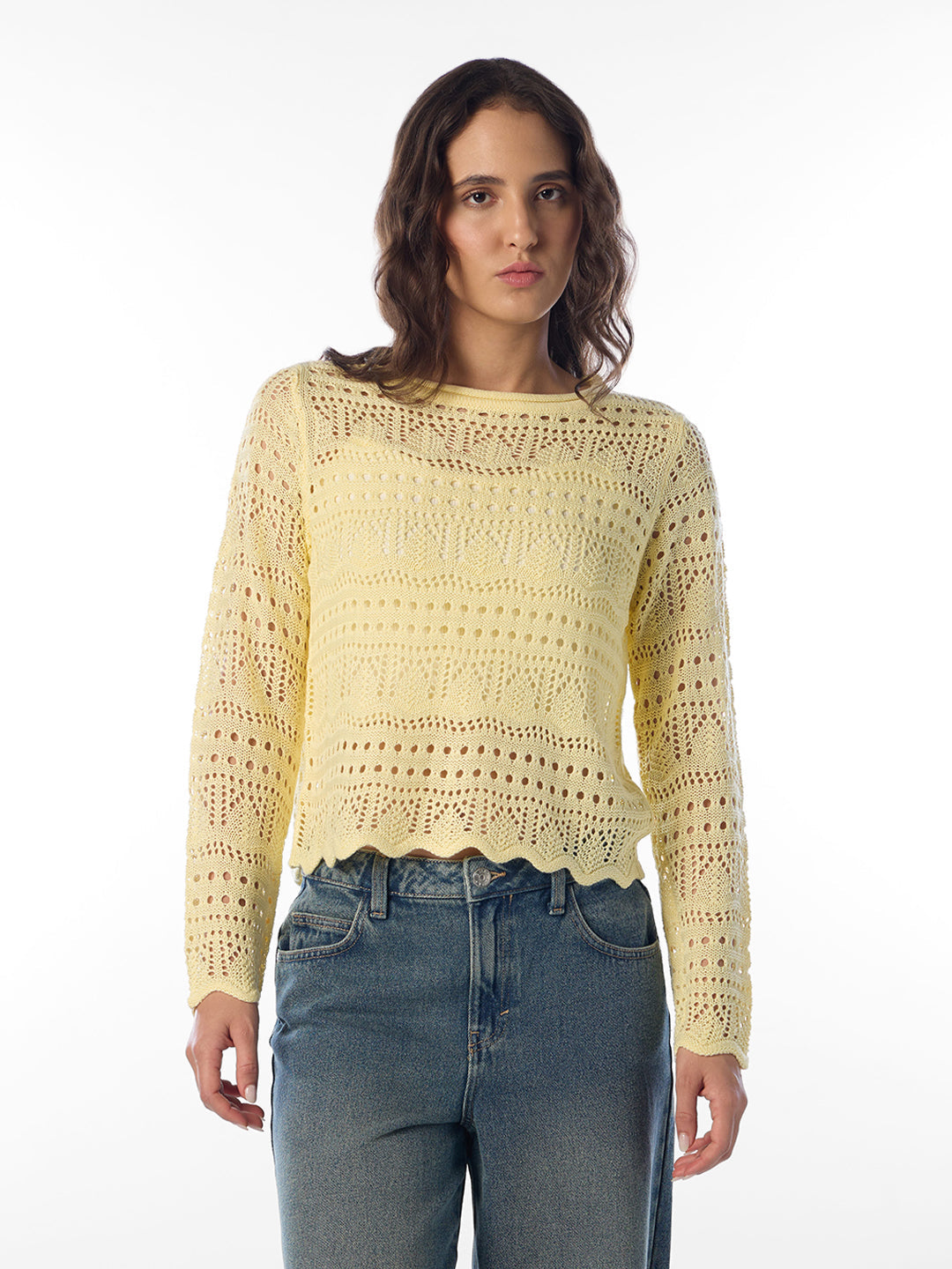 Yellow Pointelle Boatneck Pullover