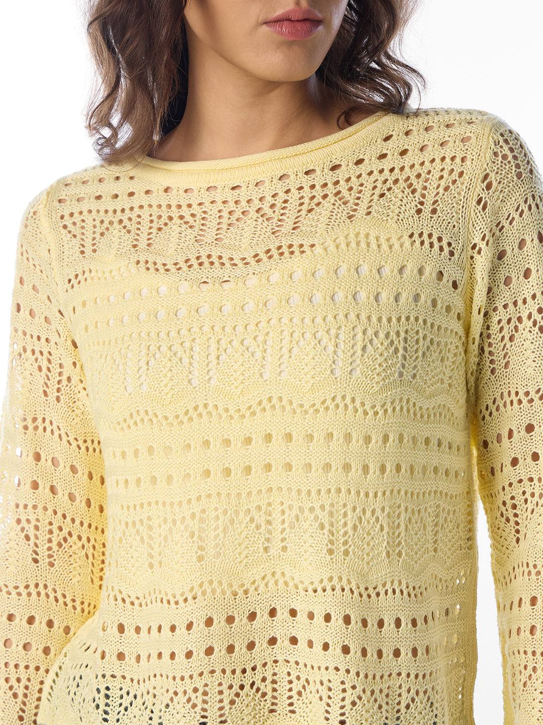 Yellow Pointelle Boatneck Pullover