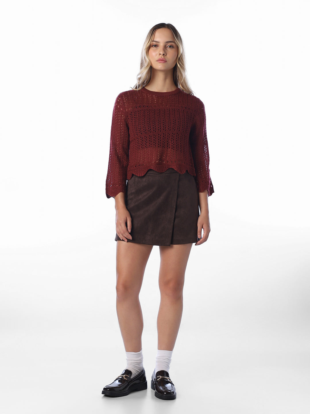 Pointelle Knit Pullover - Red