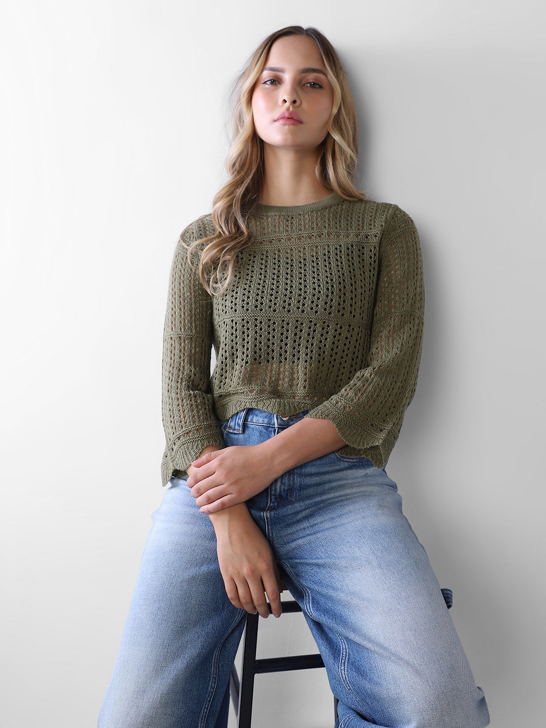 Pointelle Knit Pullover - Green