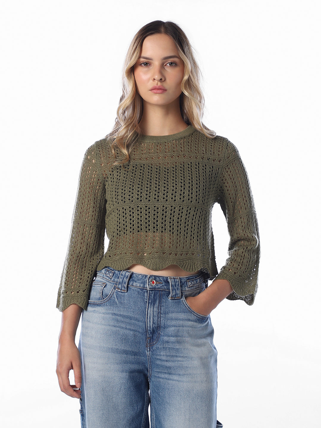 Pointelle Knit Pullover - Green