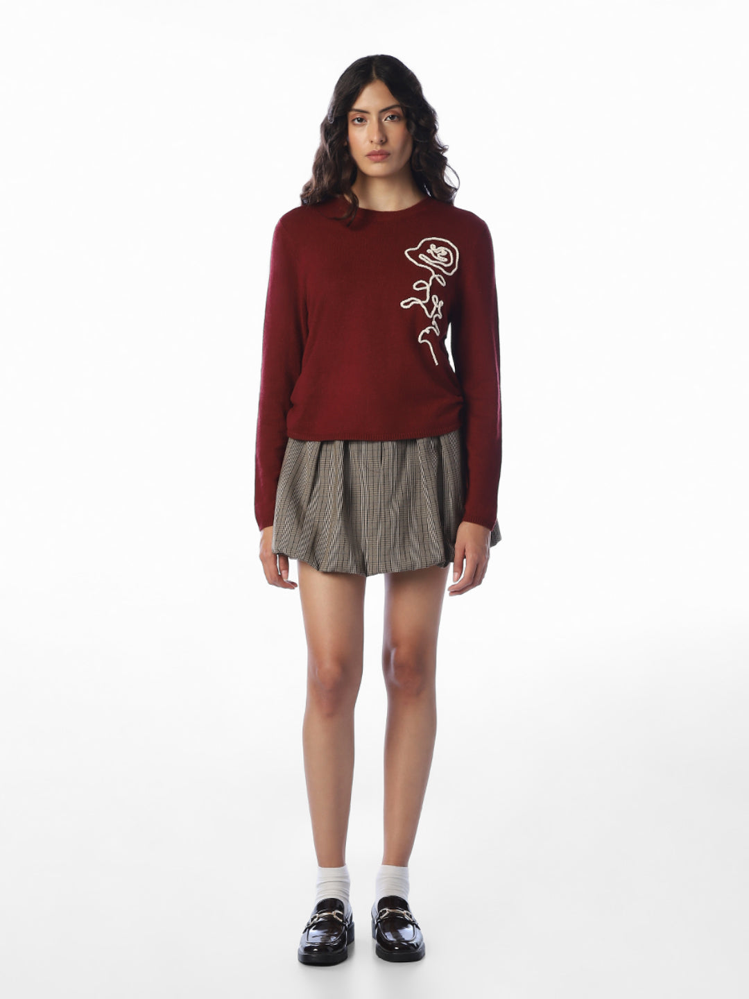 Maroon Printed O-Neck Pullover