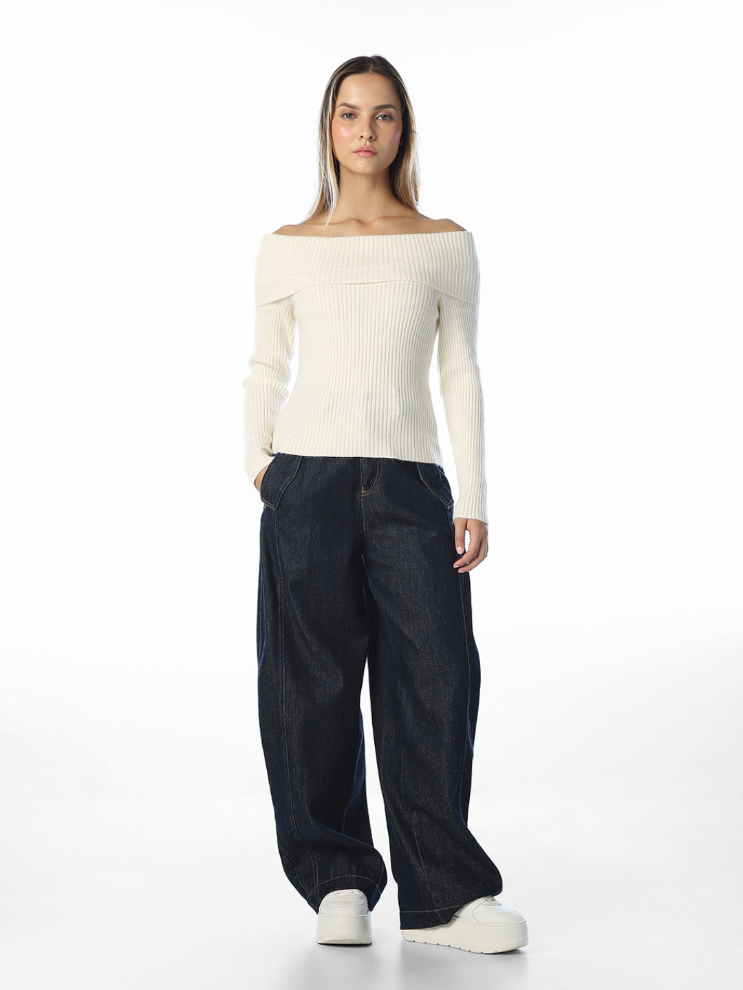 Off-Shoulder Ribbed Knit Pullover