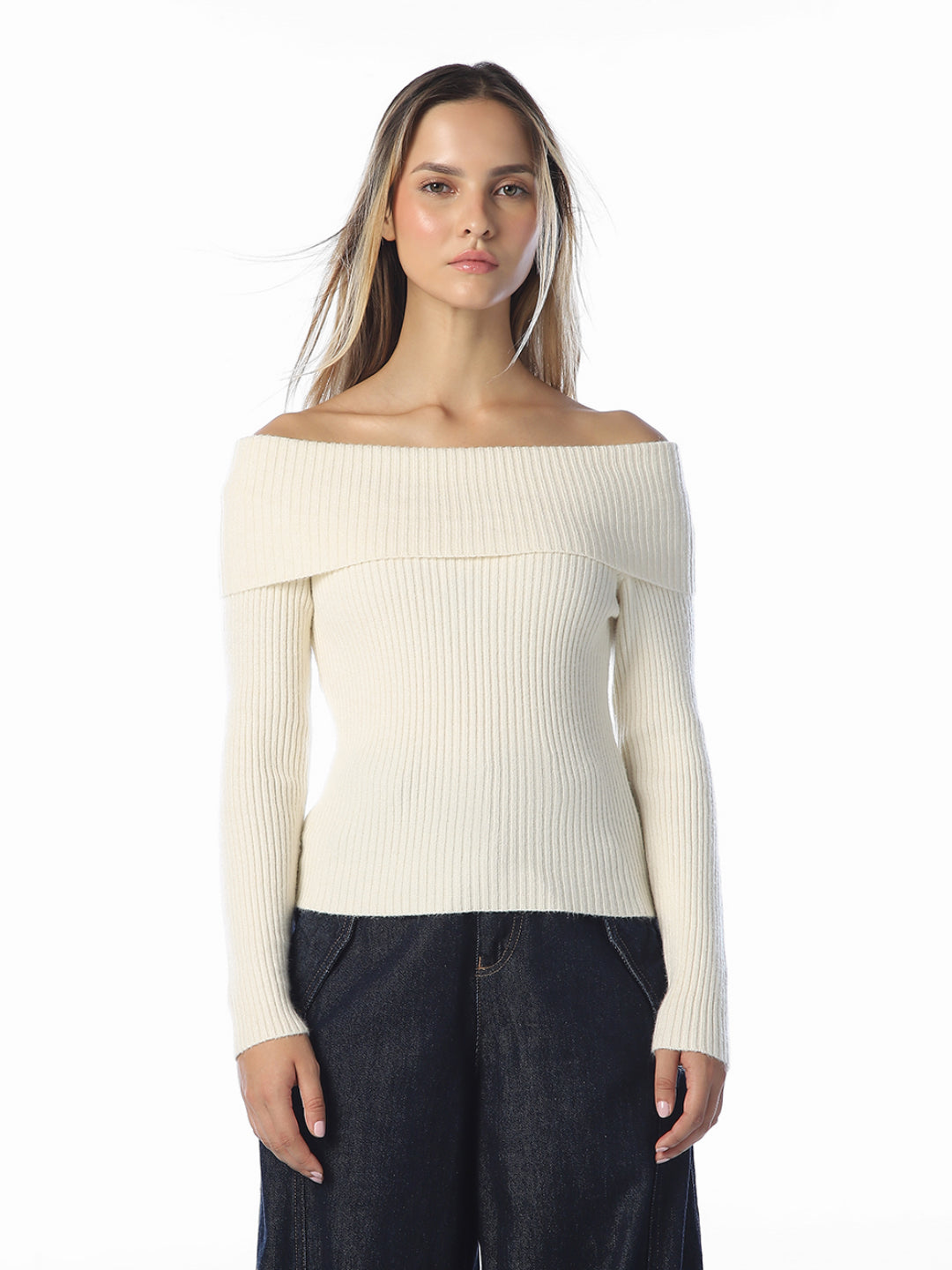 Off-Shoulder Ribbed Knit Pullover