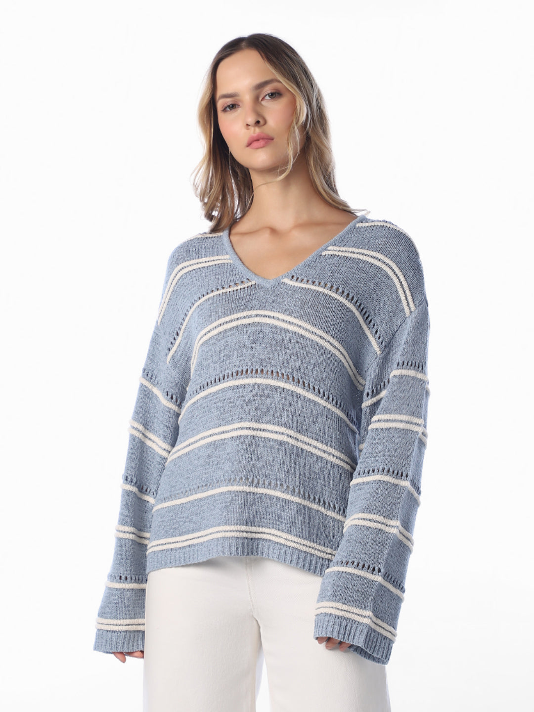 Blue V-Neck Oversized Pullover