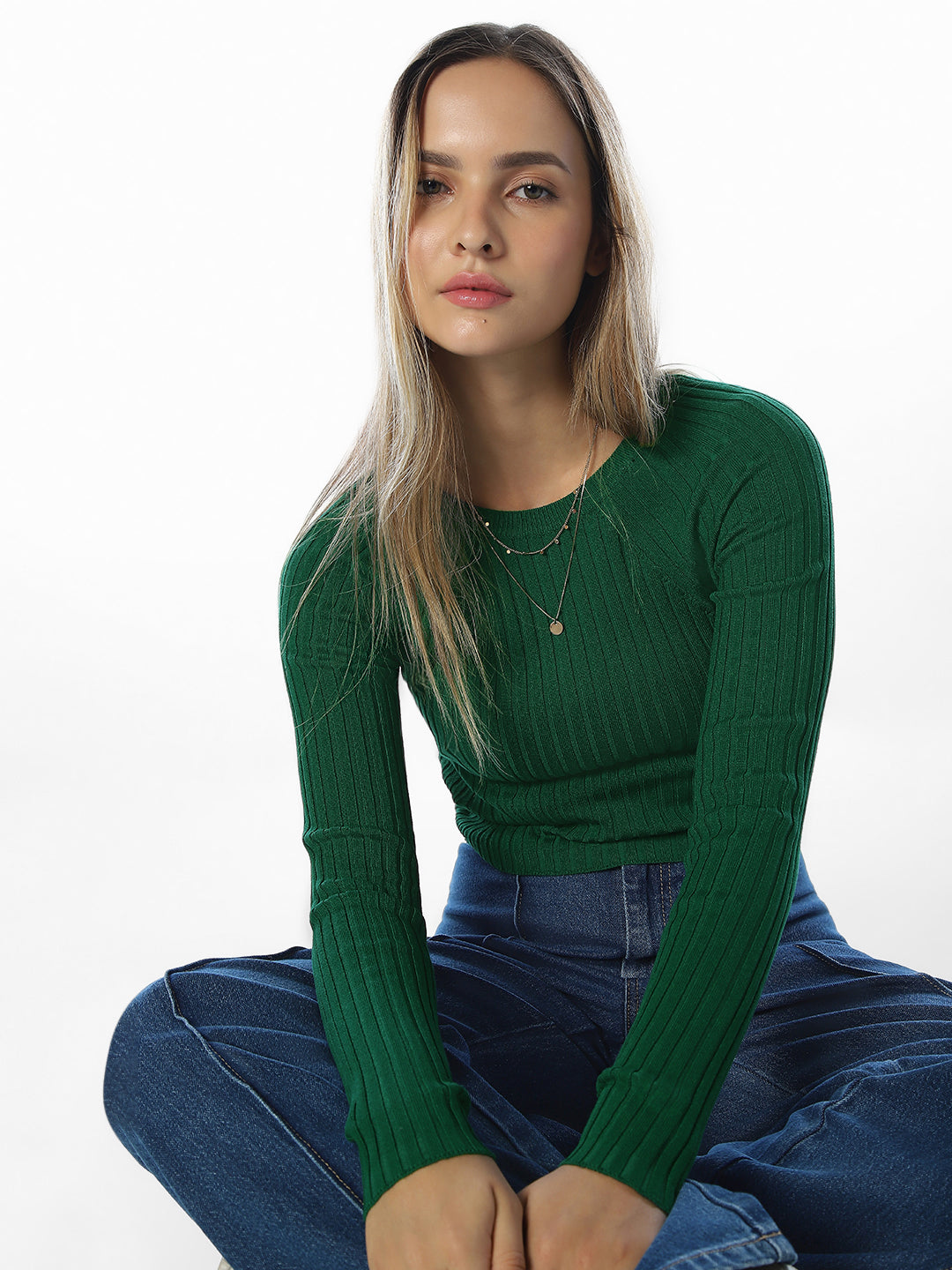 Green Cropped O-Neck Pullover