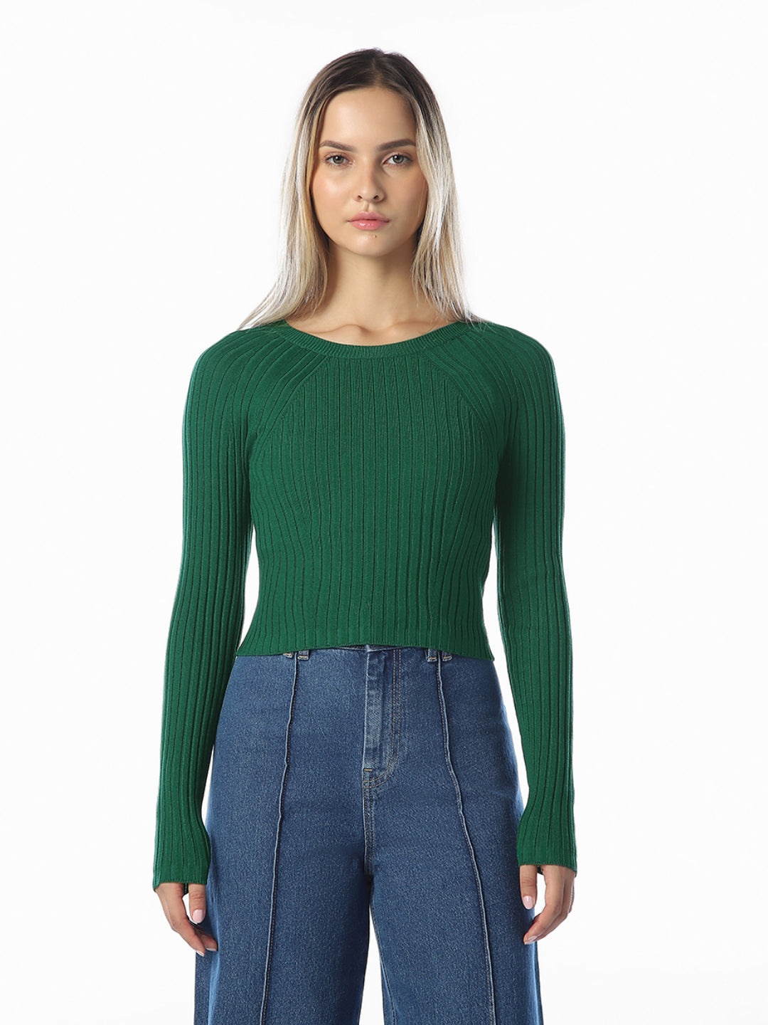 Green Cropped O-Neck Pullover