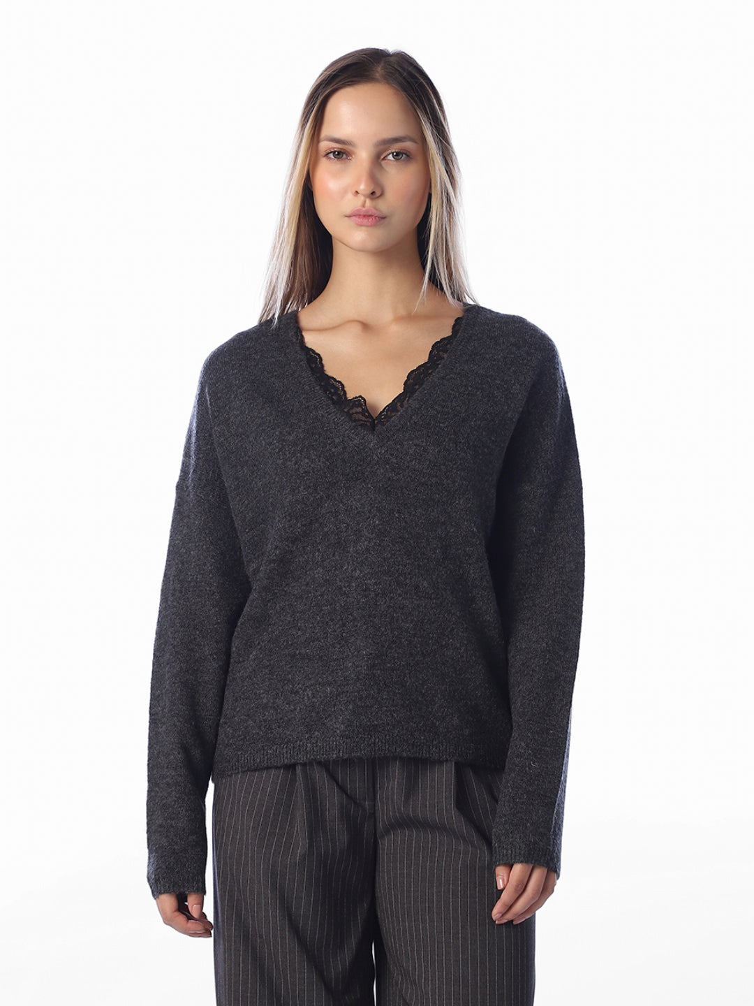 Dark Grey Lace Trim Pullover