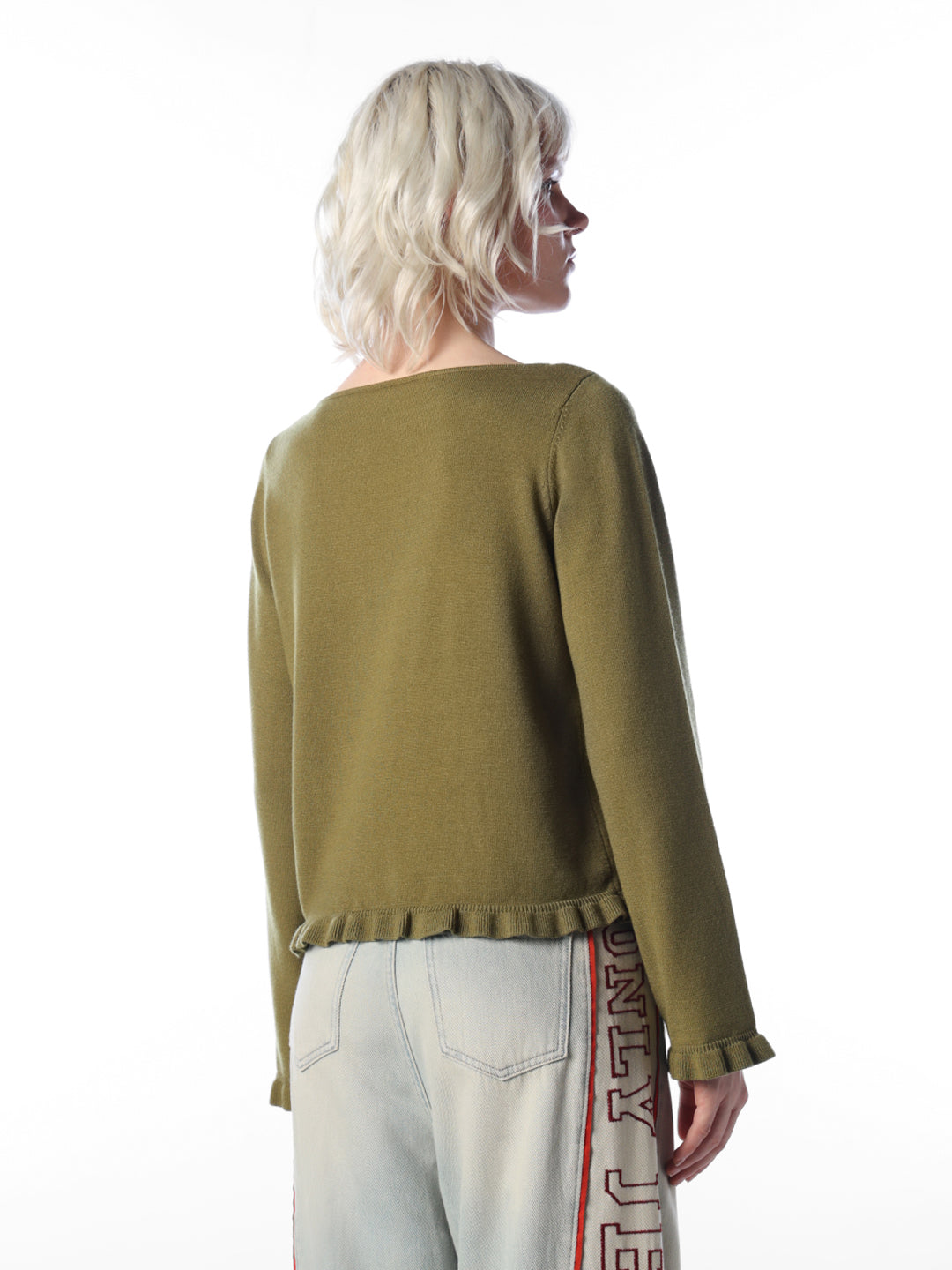 Green Ruffle Trim O-neck Pullover