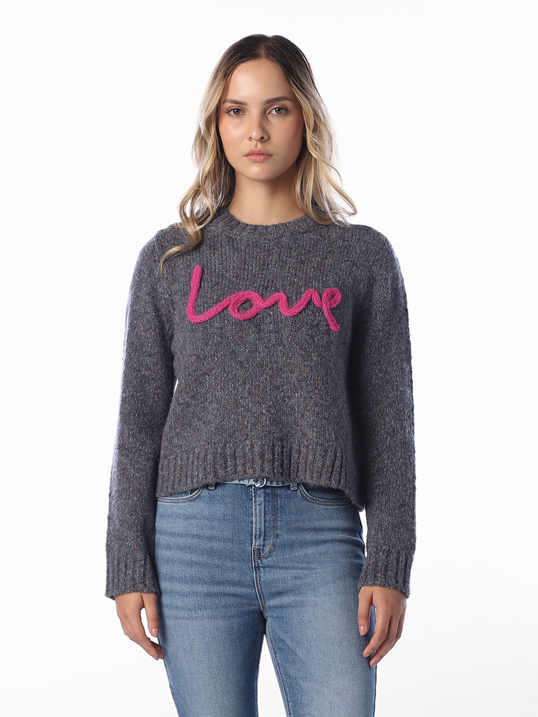 Text Detail O-Neck Pullover - Grey