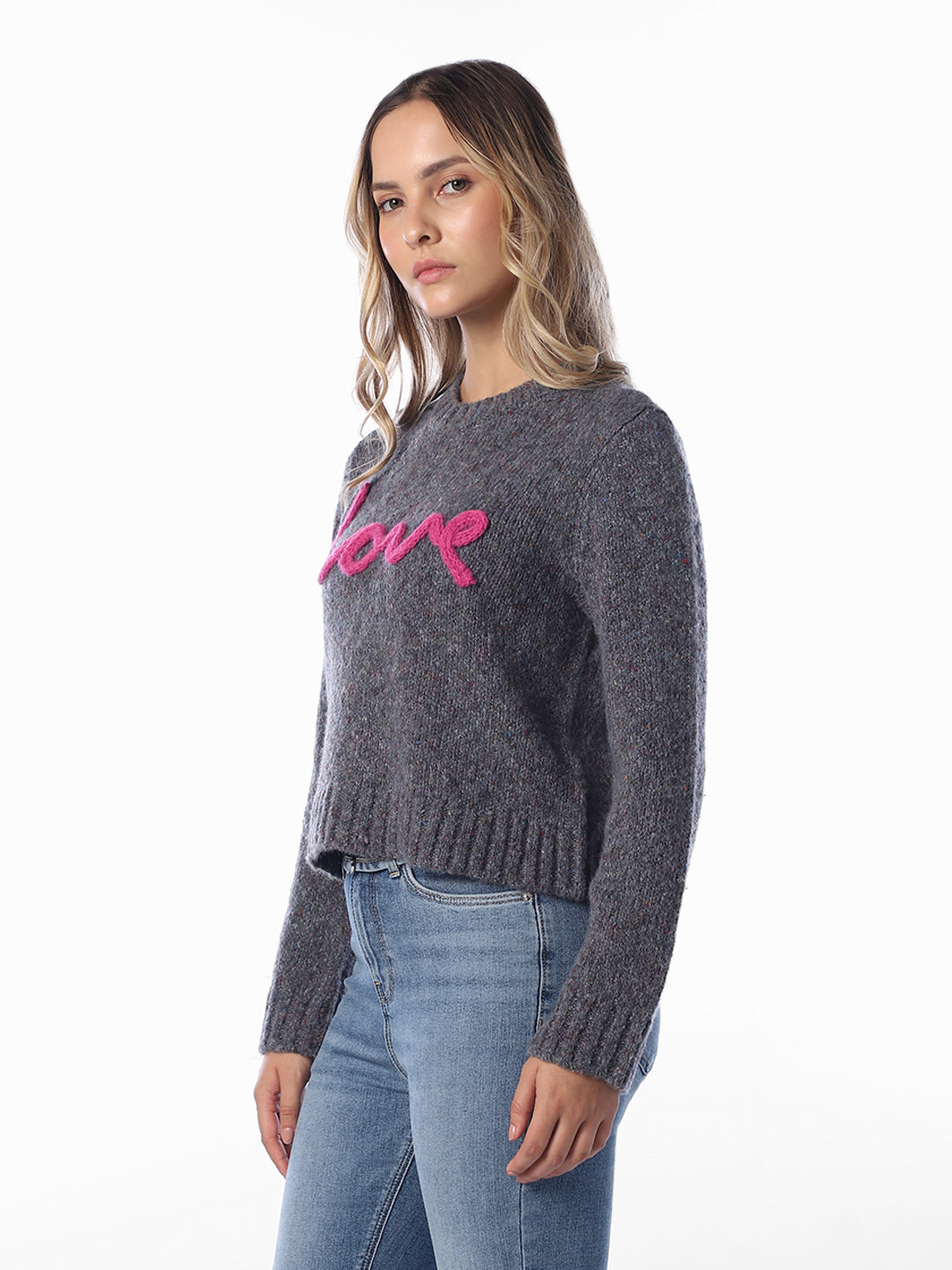 Text Detail O-Neck Pullover - Grey