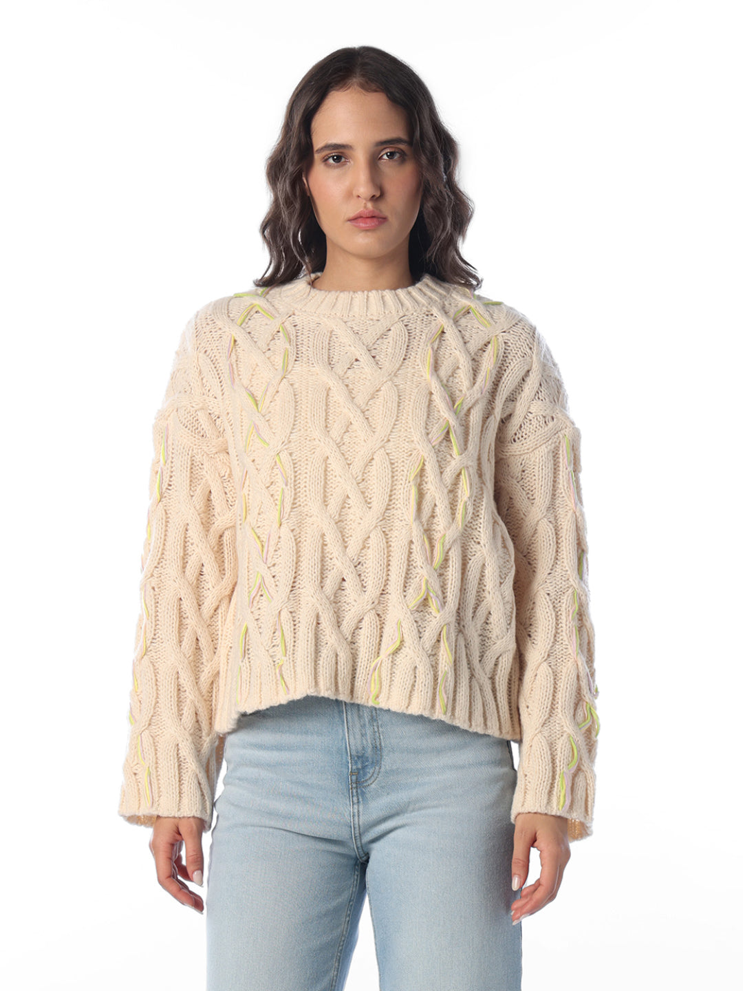 Beige O-Neck Cable Knit Pullover