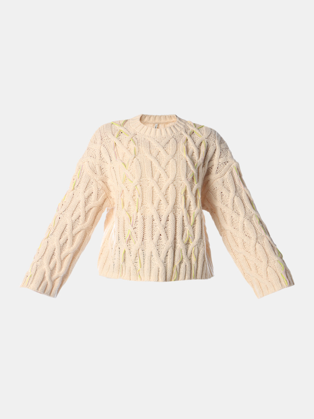 Beige O-Neck Cable Knit Pullover