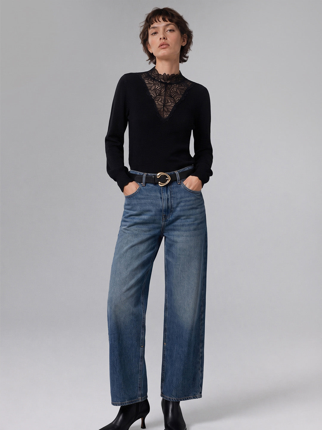 Black Lace High Neck Pullover