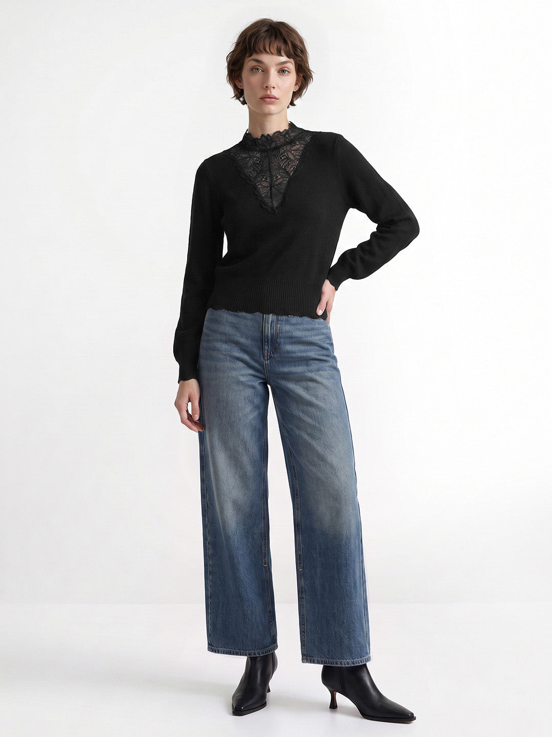 Black Lace High Neck Pullover